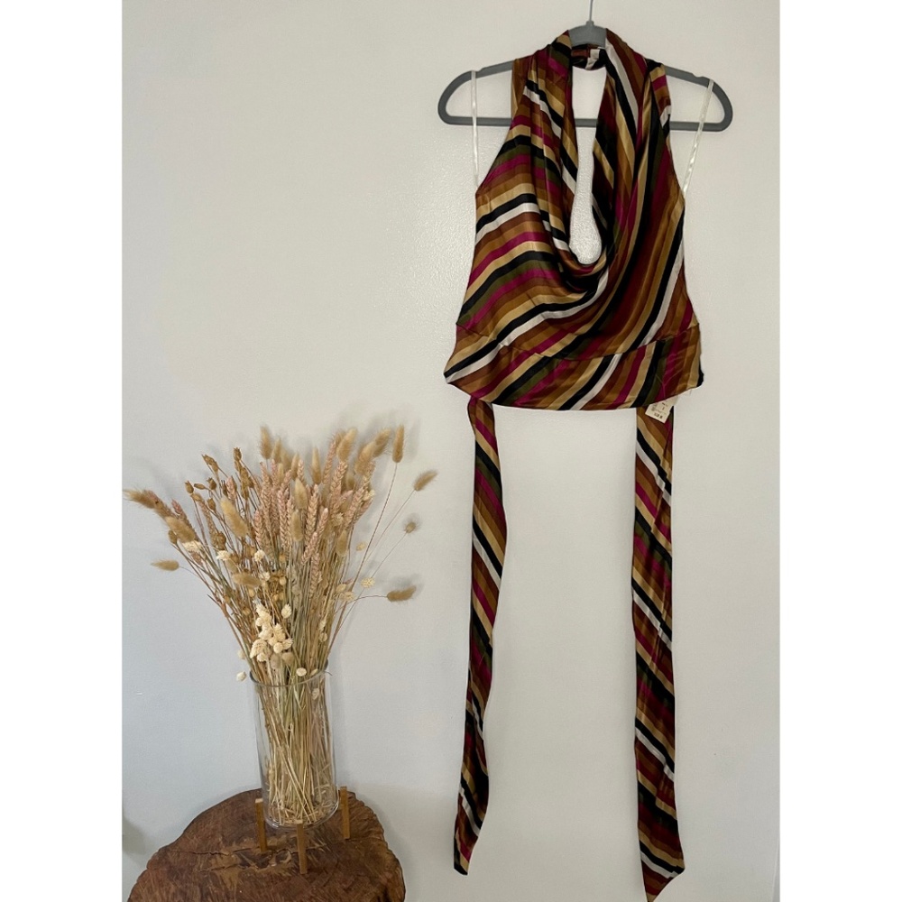 100% Silk Striped Cowl Neck Halter Top with Open Back and Bow